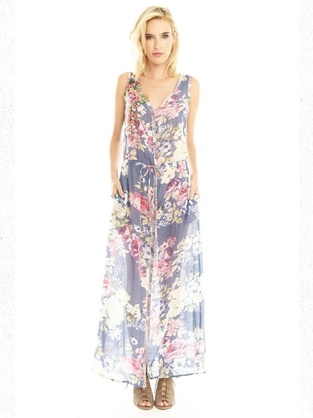 Aratta Silent Journey Walk Of Fame Dress Button Front Floral Sleevless Maxi Dres